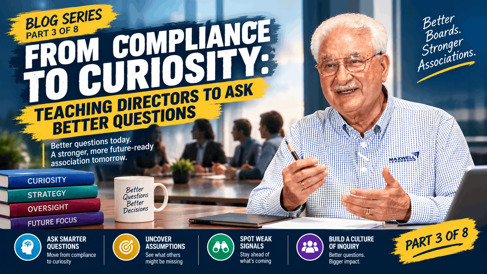 Association board directors discussing strategic questions in a boardroom, illustrating the shift from compliance to curiosity.