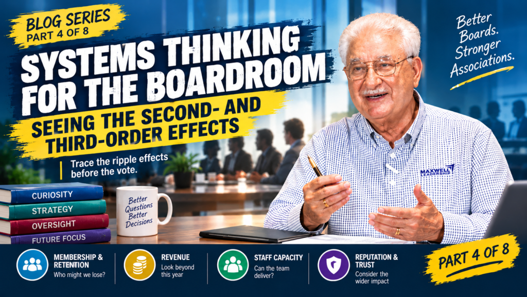 Systems thinking for association boards, illustrating ripple effects across membership, revenue, staff capacity, and reputation.